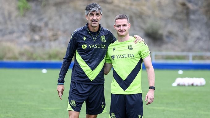 Entrenamiento de la Real Sociedad: Sergio Gómez, Jon Pacheco, Zubeldia y Beñat Turrientes